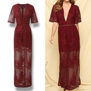 ELETER Burgundy Lace Maxi Dress Romper Medium Whimsigoth Event Wedding Evening